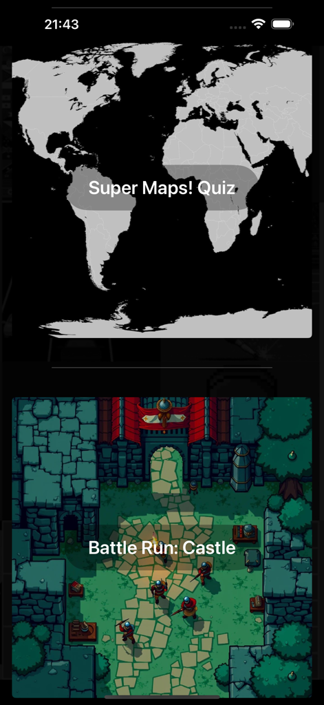 20 Mini Games: Watch & Phone - Screenshot of the Super Maps Quiz and Battle Run Castle mini games