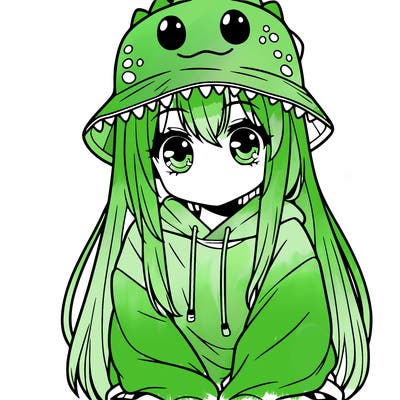 girl with anime shaped eyes with a dinosaur bucket hat oversized sweatshirt long straight hair