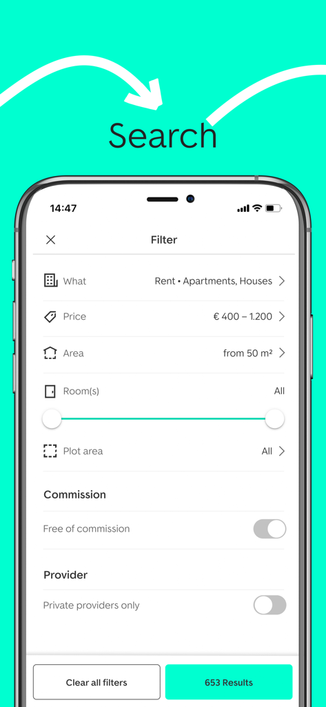 Mobile Suchfilter-Bildschirm für Mietwohnungen und -häuser in der ImmoScout24 Österreich App mit Preis- und Flächeneinstellungen