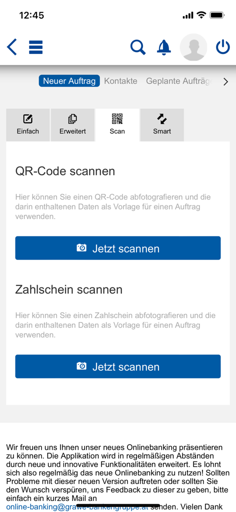 Bank Burgenland Banking - Captura de pantalla de la aplicación bancaria Bank Burgenland que muestra la interfaz para escanear códigos QR y comprobantes de pago para nuevas transacciones.
