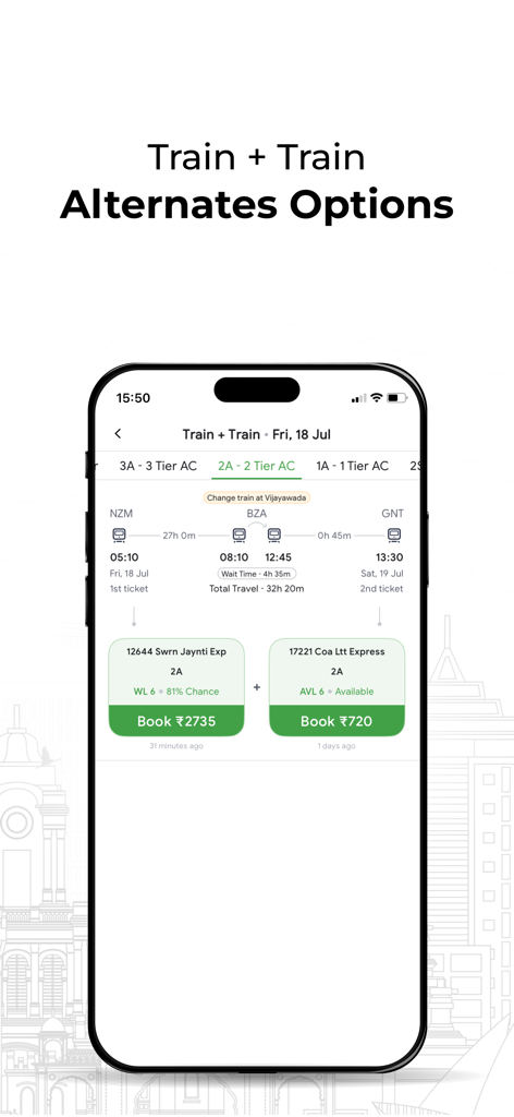 Interfaz de la aplicación móvil de ConfirmTkt que muestra alternativas de viaje en tren de varios trayectos con disponibilidad de asientos y probabilidad de confirmación.