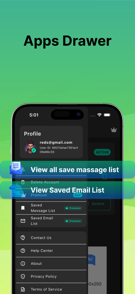 Temp Mail Pro app drawer menu featuring options for saved messages and email lists in dark mode.