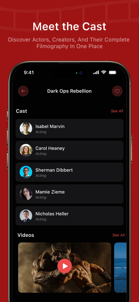 NetMirror : Find Movies & Show - NetMirror app interface showing movie cast members and video previews