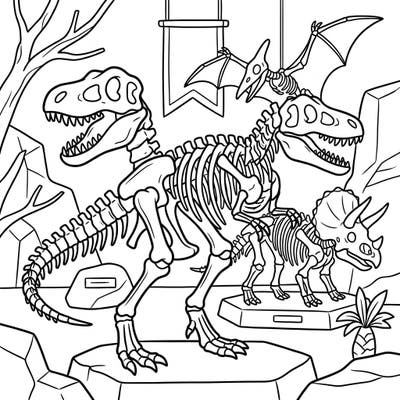 Journey back to the time of dinosaurs with this captivating coloring page featuring magnificent dinosaur skeletons. Kids will love bringing to life a T-Rex, Triceratops, and Pterodactyl in a museum-style setting.