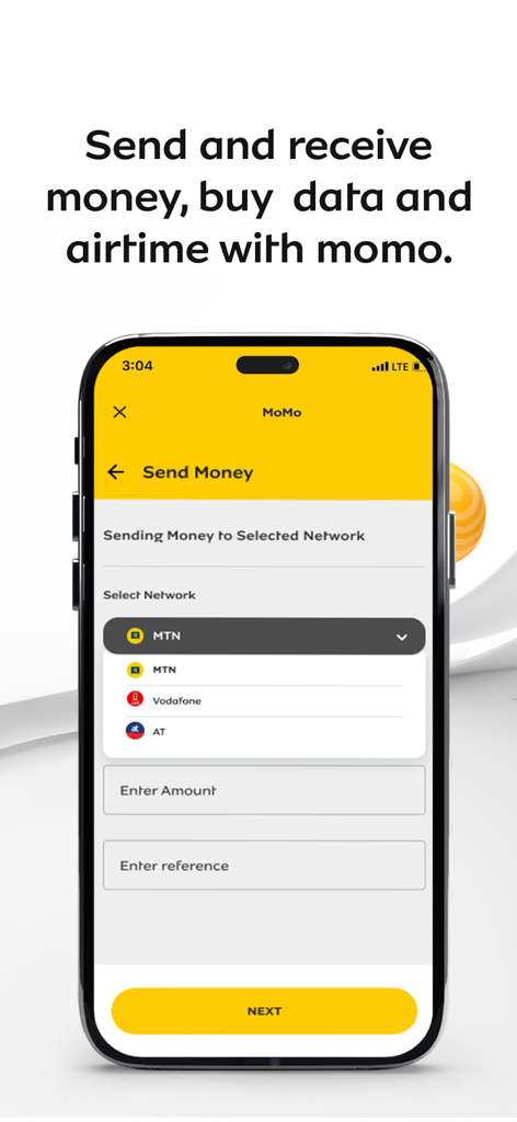 My MTN Ghana - A smartphone screen of the My MTN Ghana app showing the MoMo send money feature