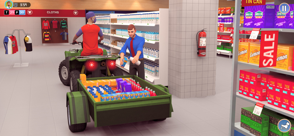 Supermarket Shopping Mall Game - スーパーマーケットシミュレーションゲーム内のATVに取り付けられたトレーラーに食料品を積み込んでいる3Dキャラクター