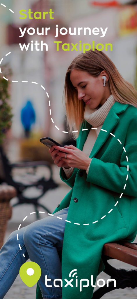 A woman in a green coat using the Taxiplon app on her smartphone while sitting outdoors.