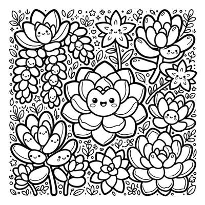 Bring these charming Kawaii Sedum succulents to life with your favorite colors! This delightful page offers a perfect blend of cute flora and relaxing creativity for all ages.