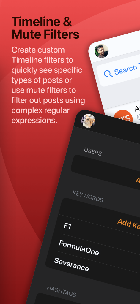 Ivory for Mastodon by Tapbots - Ivory for Mastodon screenshot showing custom timeline and mute filters for keywords