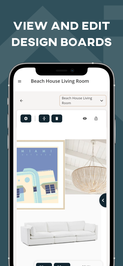 Mydoma Studio - Interior design board interface on the Mydoma Studio mobile app featuring furniture and art curation