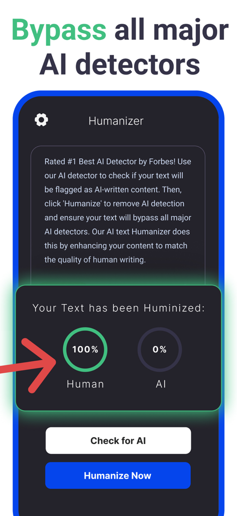 BypassGPT - AI Detector Check - BypassGPT app interface showing a 100 percent human score after processing text to bypass AI detectors.