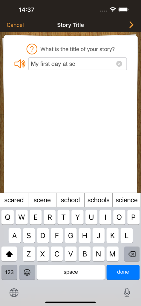 Pictello Visual Stories - A screen showing the title entry for a social story with word prediction and audio feedback.