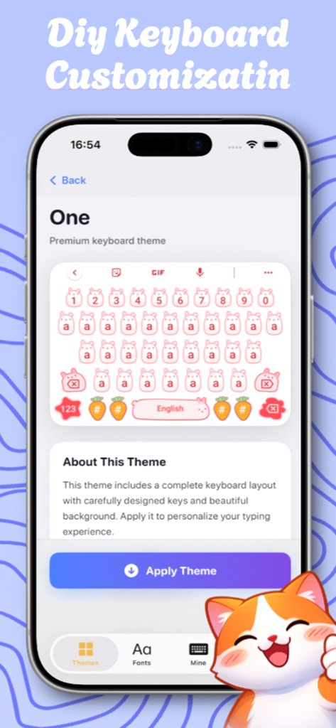 Cute Keyboard: Kawaii & Emoji - Mobile screen showing a pink kawaii keyboard theme preview with cute animal icons and an apply button.