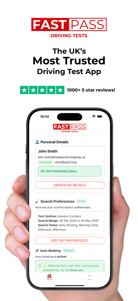 A hand holding a phone displaying the Fast Pass Driving Tests app user profile and search preferences screen