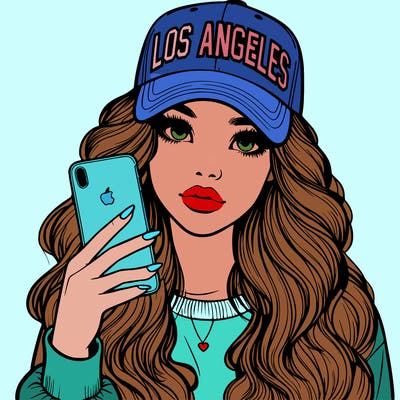 realistic beautiful girl wearing los ángeles cap holding an iphone