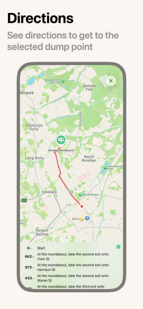 Caravan Helper - Caravan Helper app interface showing map directions and turn-by-turn instructions to a caravan dump point