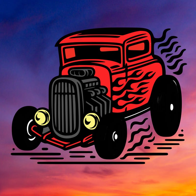 <hot rod car> with <flames on the sides>