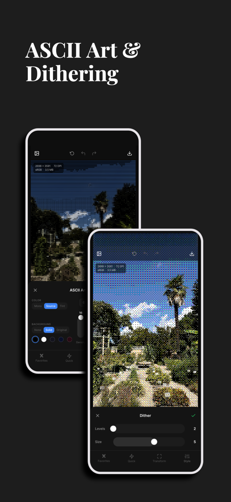 DotPress - Interface de l'application mobile DotPress présentant des effets d'art ASCII et de tramage d'image