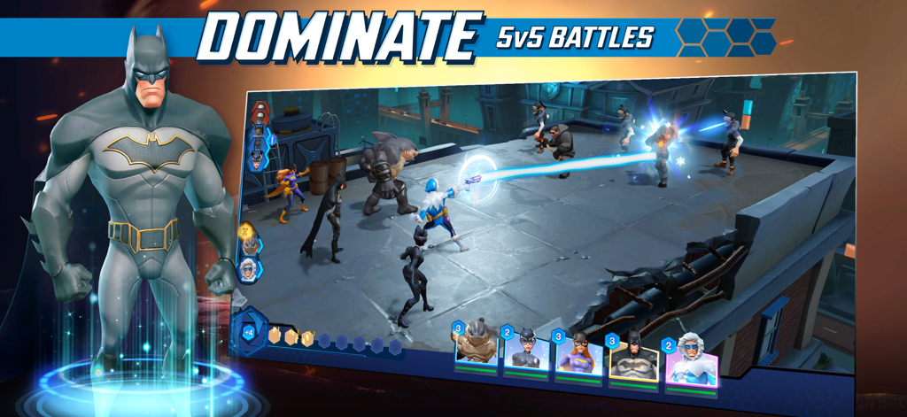 DC Worlds Collide Strategy RPG - Batman liderando una batalla de equipo 5 contra 5 en DC Worlds Collide Strategy RPG