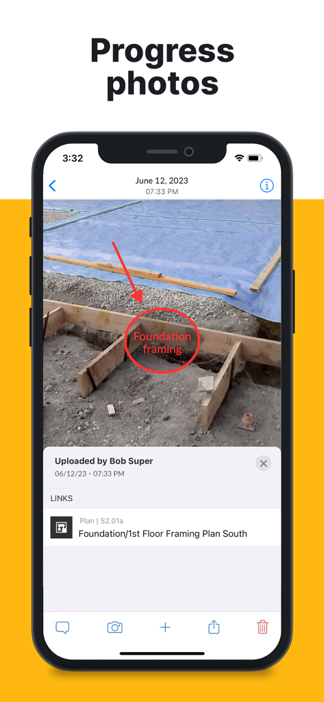 Fieldwire - Construction App - Fieldwire app screenshot showing a progress photo of foundation framing with red annotations and linked construction plans