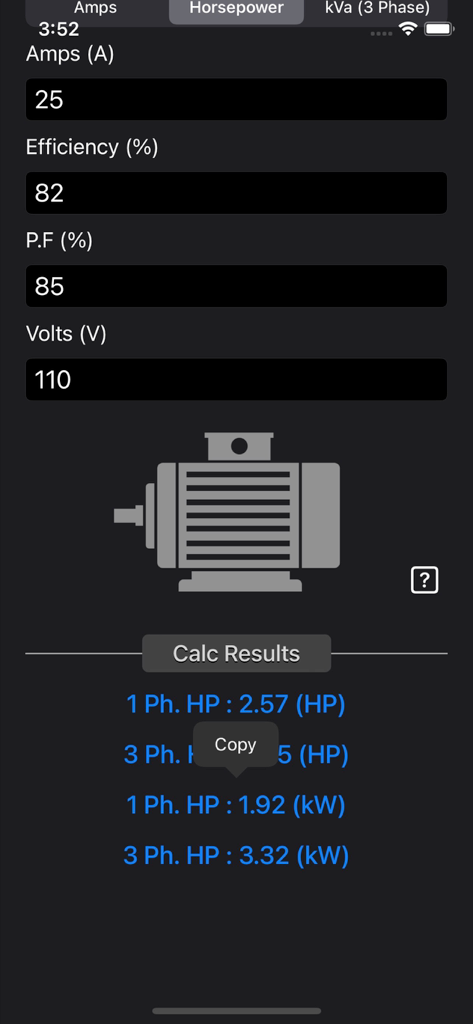 Electrical Motor Calculator - Screenshot of the horsepower calculation screen showing input fields for amps efficiency power factor and volts with calculated results