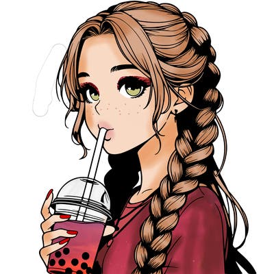 realistic girl with braided hair drinking boba