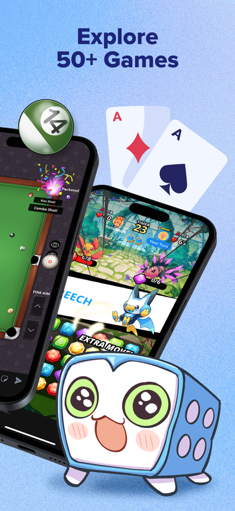 Interfaz de la aplicación Plato que muestra una variedad de juegos multijugador que incluyen pool, cartas y rompecabezas con un tierno personaje de dado