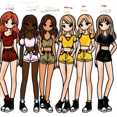 a group of girls wearing crop tops and shorts
