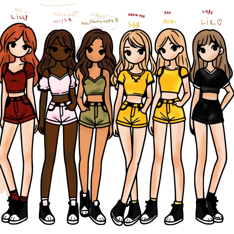 a group of girls wearing crop tops and shorts