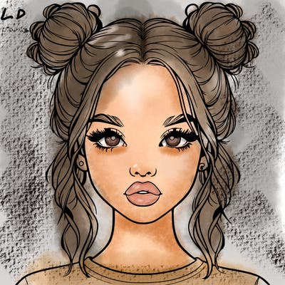 realistic girl with two buns in hair and lips
