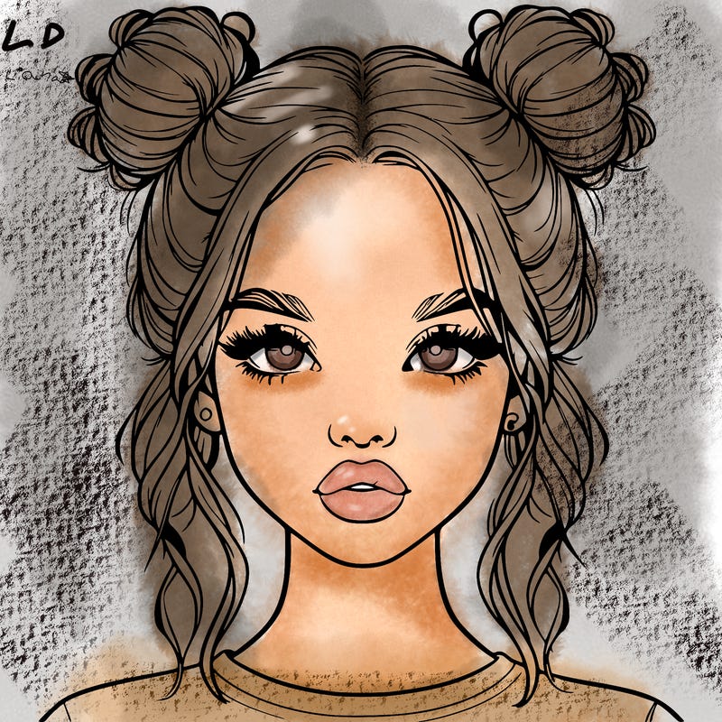 realistic girl with two buns in hair and lips
