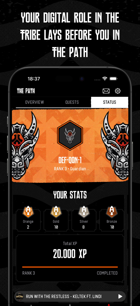 Defqon.1 - The Path status screen in the Defqon.1 app showing user rank total XP and stats