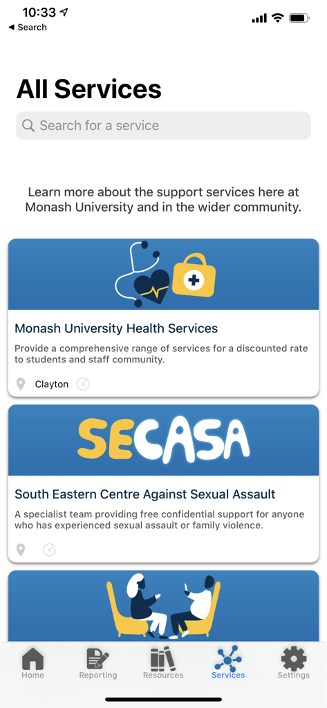 Monash bSafe - Pantalla de Servicios de Apoyo de la aplicación Monash bSafe que muestra recursos de apoyo para la salud y la agresión sexual
