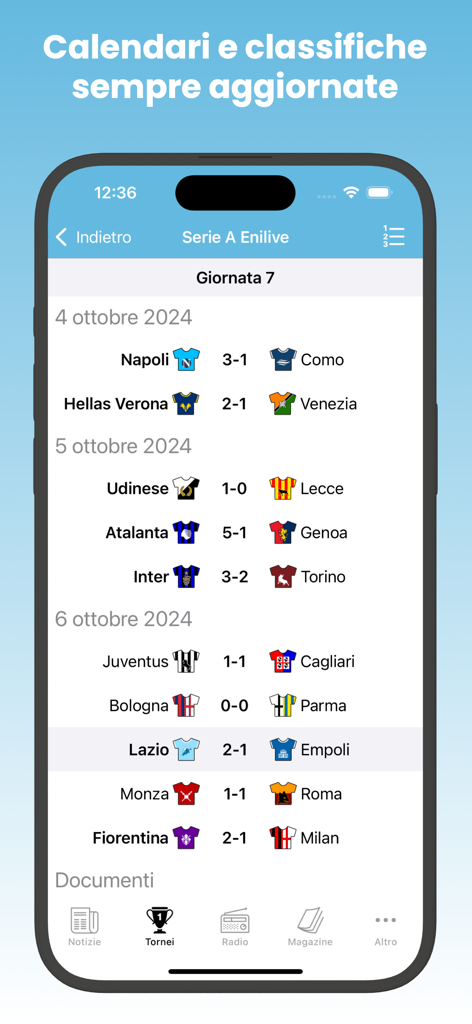 La Lazio Siamo Noi - Screenshot of the La Lazio Siamo Noi app showing Serie A soccer match results for matchday 7