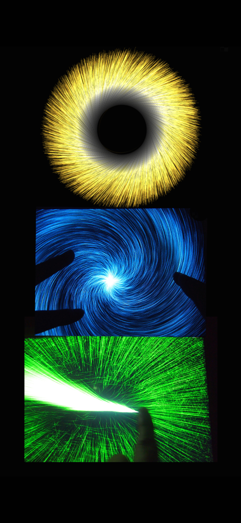 Triple A - Touch Visualizer - Effets de particules interactifs dorés, bleus et verts sur fond sombre