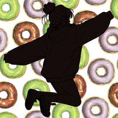 realistic girl jumping with a bun and oversized sweatshirt