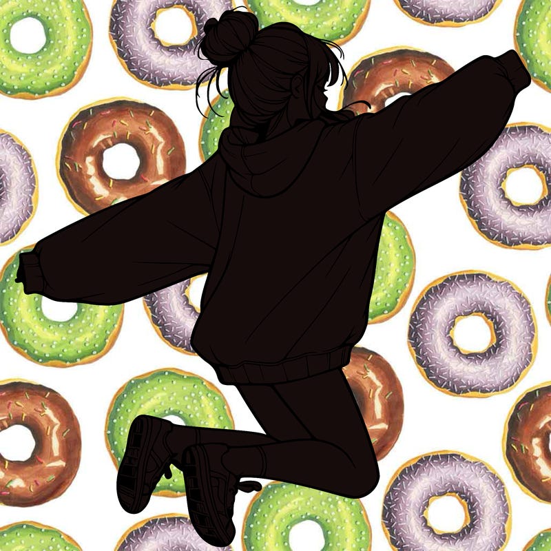 realistic girl jumping with a bun and oversized sweatshirt