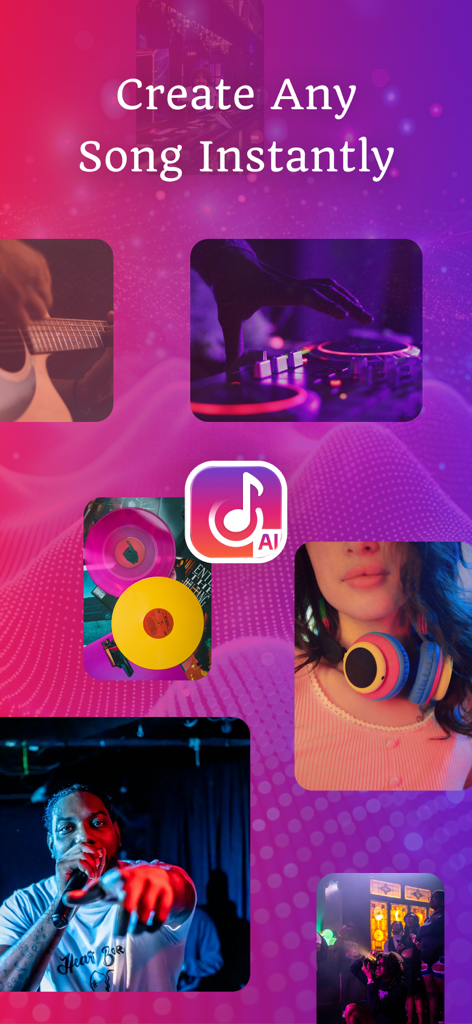 AI Music Cover & Songs - AI Music Cover app interface with images of musicians and text Create Any Song Instantly