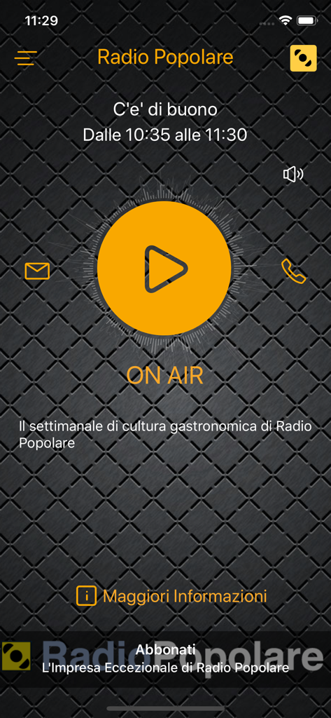 Radio Popolare - Radio Popolare mobile app showing the live player screen with program details and on air status