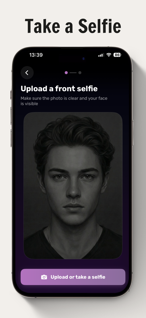 U Max: AI Looksmax Face Rating - U Max AI 얼굴 평가 앱에 전면 셀카를 업로드하는 인터페이스