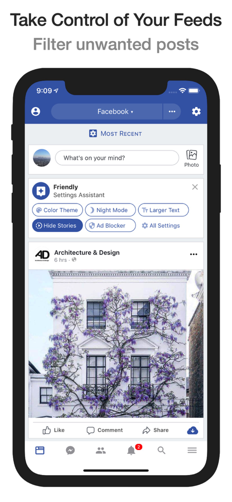 iPhone screen showing Friendly Social Browser with options to filter posts and block ads on a social media feed