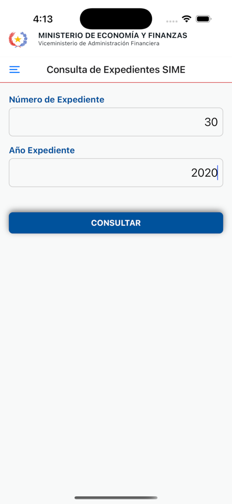 MEF Consultas - Captura de pantalla de la aplicación MEF Consultas mostrando la pantalla de búsqueda de expedientes SIME con campos para número de expediente y año