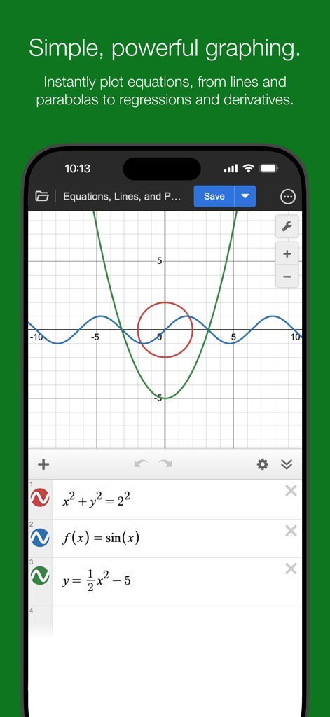 Desmos Graphing Calculator app interface showing mathematical equations and their plotted graphs on a coordinate plane
