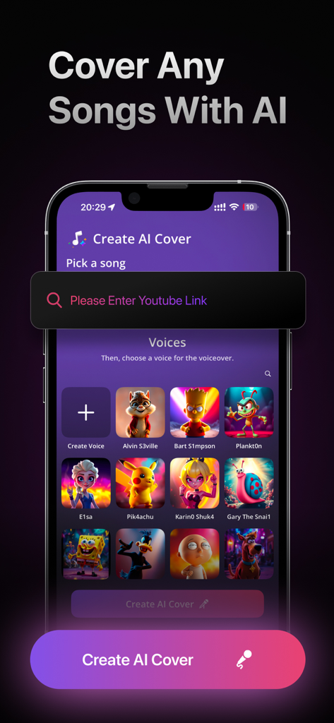 Singo AI Song & Music Maker - Singo AI app interface showing how to create AI song covers using YouTube links and various character voices.
