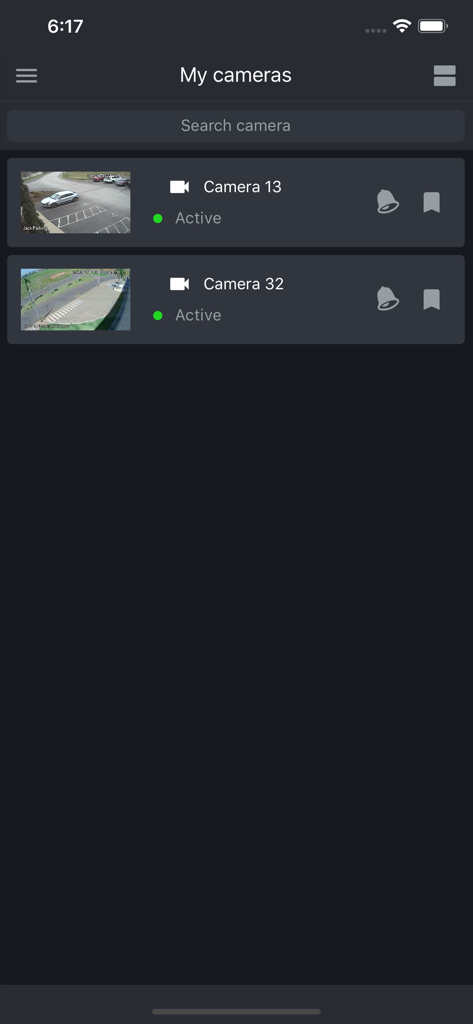Flussonic Watcher - リアルタイムサムネイルとステータスインジケーター付きのアクティブセキュリティカメラのリストを示すモバイルアプリインターフェイス