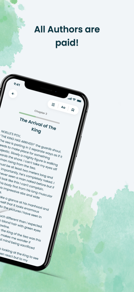 WeInk - A smartphone showing a chapter of a web novel on the WeInk app with a heading stating that all authors are paid