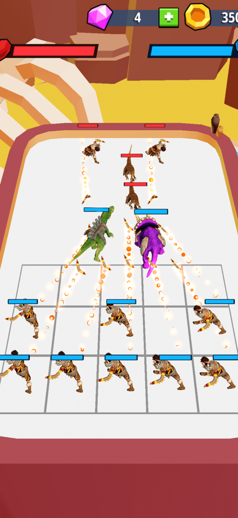 Dino Battle: Dinosaur games - Una escena de batalla estratégica en Dino Battle mostrando dinosaurios y guerreros en una arena basada en cuadrículas atacando enemigos.