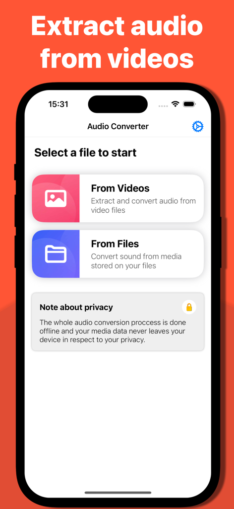Audio Converter: MP3, WAV, OGG - Smartphone-Screenshot der Benutzeroberfläche der Audio Converter App, der Optionen zum Extrahieren von Audio aus Videos oder zum Auswählen von Dateien anzeigt