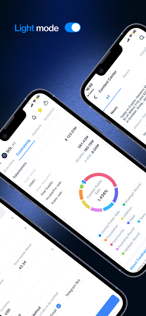CryptoRank app interface showing tokenomics pie charts and project fundraising details.