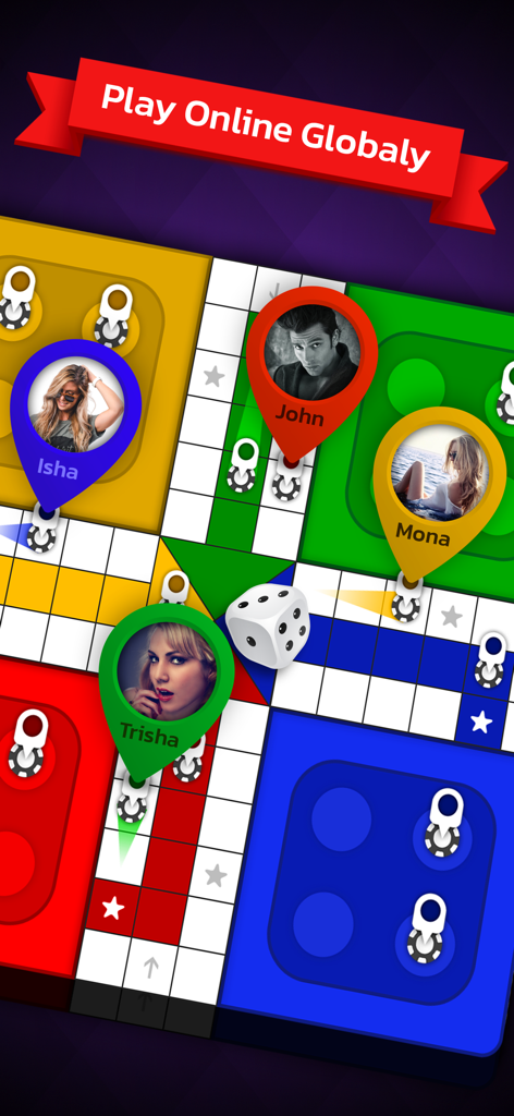 Digital Ludo board game with four player avatars and a die showing online multiplayer mode